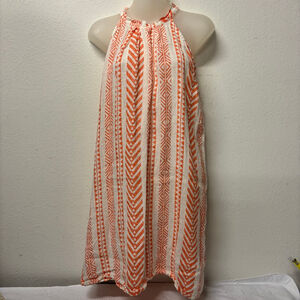 Women's Bellambra White Orange Linen Halter Dress L Aztec design, vacation dress